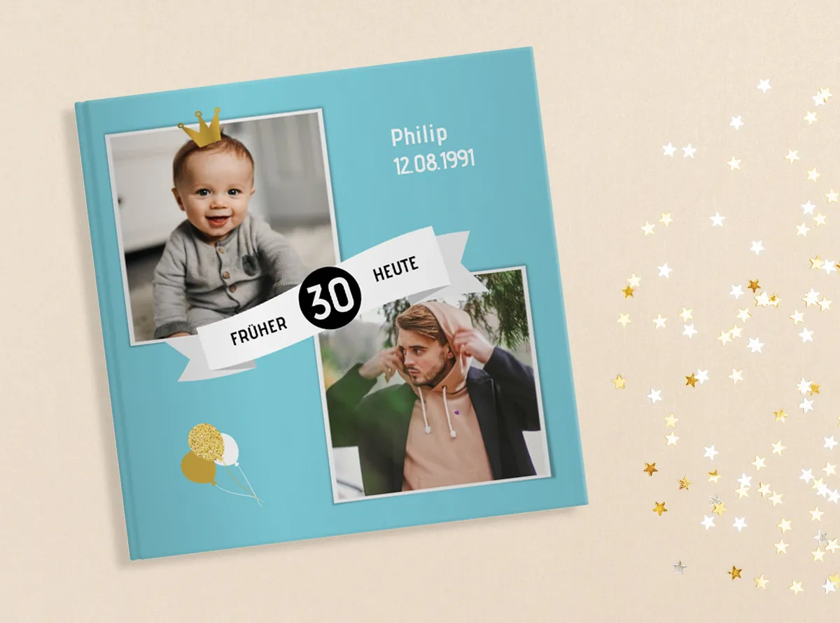 Geburtstagsbuch Hardcover 20x20 mit Fotos eines Mannes als Baby und als Erwachsener auf dem Cover