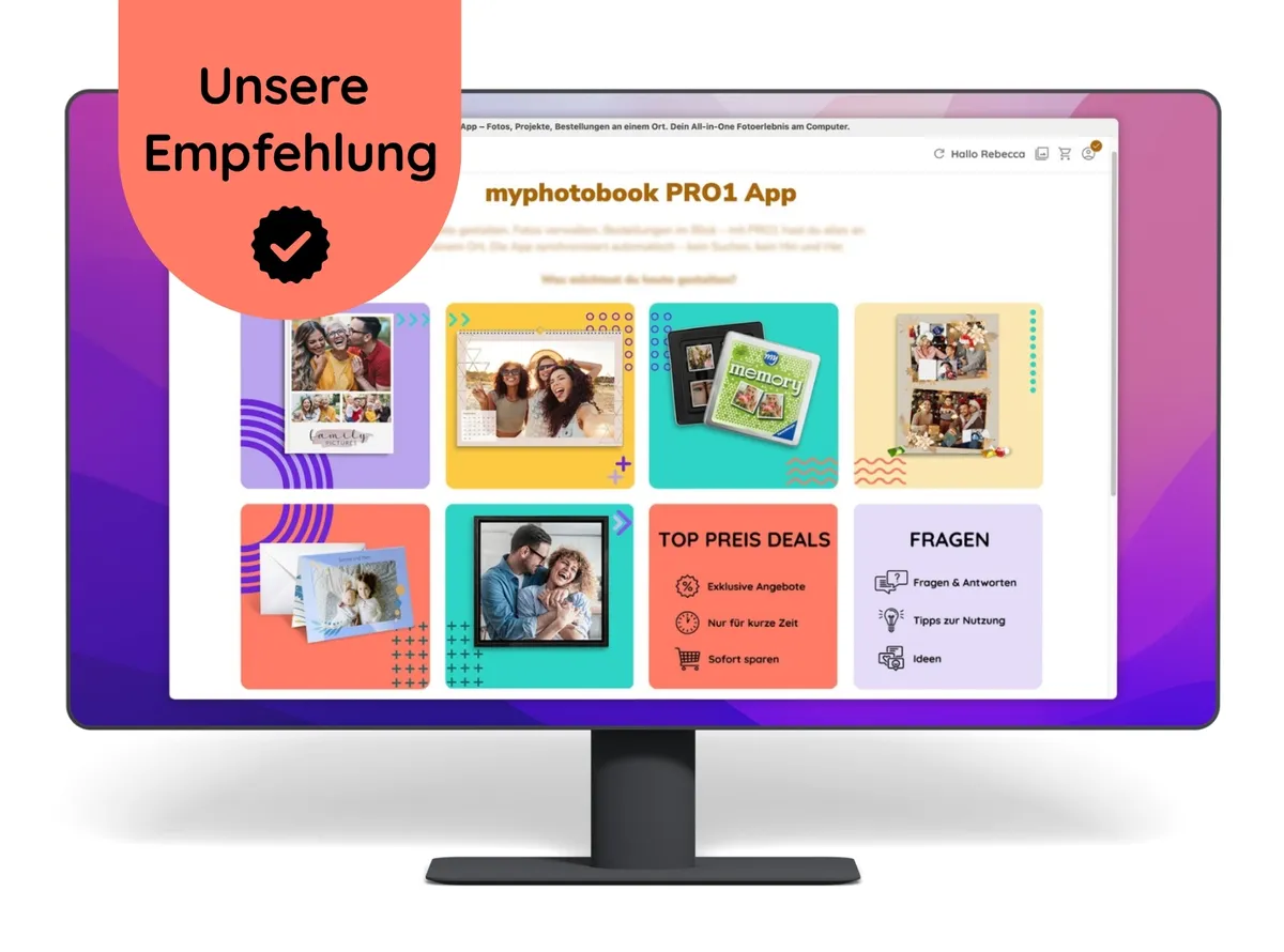 Monitor Mockup, auf dem das Startbild der PRO1 Desktop App zu sehen ist